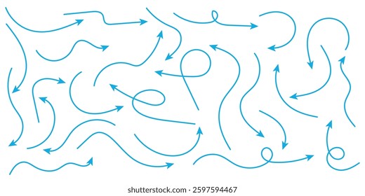Collection of line arrows. Set simple curved hand drawn arrows. Collection of pointers. Hand drawn arrow vector icons set. sketch arrow design . blue hand drawn doodle arrow 