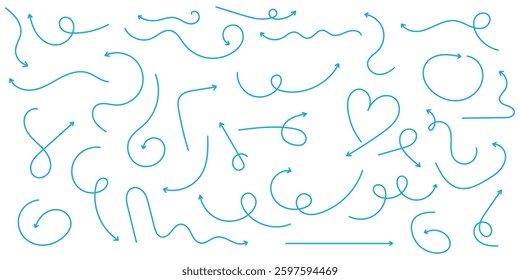 Collection of line arrows. Set simple curved hand drawn arrows. Collection of pointers. Hand drawn arrow vector icons set. sketch arrow design . blue hand drawn doodle arrow 