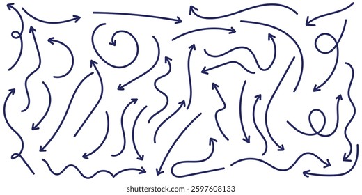 Collection of line arrows. Set simple curved hand drawn arrows. Collection of pointers. Hand drawn arrow vector icons set. sketch arrow design . blue hand drawn doodle arrow icon vector 