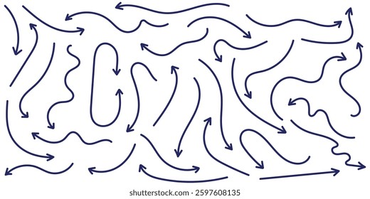 Collection of line arrows. Set simple curved hand drawn arrows. Collection of pointers. Hand drawn arrow vector icons set. sketch arrow design . blue hand drawn doodle arrow icon vector 