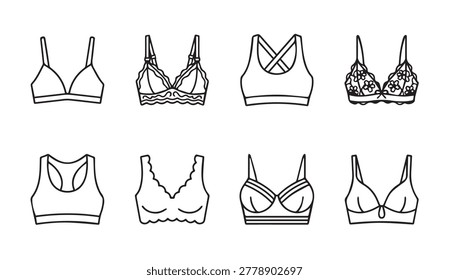 Collection of line art bras demonstrating diverse designs for intimate apparel marketing and retail.