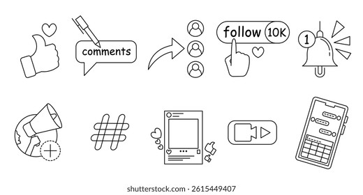 collection of line art depicting various elements of interaction on social media. like, comment, follow, notification, story, hashtag, share, and video icons. editable strokes