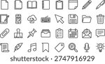 A collection of line art design vector concepts featuring various office and productivity icons in silhouette style, including documents, office supplies, and communication tools.