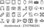 A collection of line art design vector silhouettes for modern technology and gadgets, including devices, electronics, and symbols.