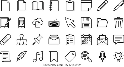A collection of line art design vector concepts featuring various office and productivity icons in silhouette style, including documents, office supplies, and communication tools.