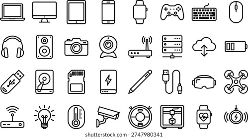 A collection of line art design vector silhouettes for modern technology and gadgets, including devices, electronics, and symbols.