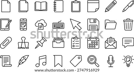 A collection of line art design vector concepts featuring various office and productivity icons in silhouette style, including documents, office supplies, and communication tools.