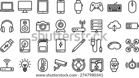 A collection of line art design vector silhouettes for modern technology and gadgets, including devices, electronics, and symbols.