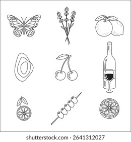 A collection of line art drawings featuring a butterfly fruits wine and other assorted items in a grid