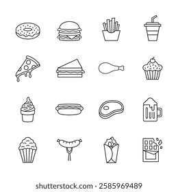 A collection of line art food icons including a donuts, burger, fries, drink, pizza, pie, chicken leg, cupcake, ice cream, hot dog, steak, beer mug, popcorn, sausage, and chocolate bar.