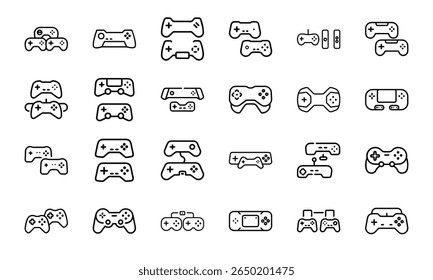 Coleção de ícones de controlador de jogos de arte de linha ilustrando vários acessórios de videogame