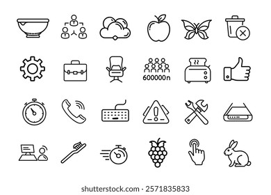 collection of line art icon design . ant , bag, delete, cake, phone, 