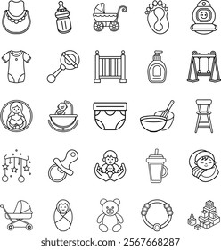 A collection of line art icons depicting various baby items clothing, feeding supplies, toys, furniture, and hygiene products. Simple, black and white illustrations.