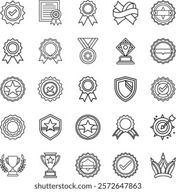 A collection of line art icons depicting various awards, including medals, ribbons, badges, trophies, certificates, and achievement symbols.