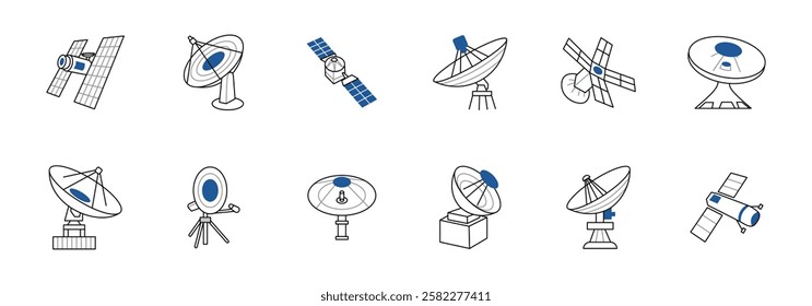 A collection of line art icons depicting various types of satellite dishes and spacecraft.