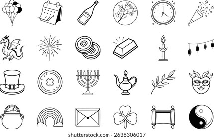 A collection of line art icons depicting various celebrations and festivities, including holidays and cultural symbols. Simple black line drawings on a white background.