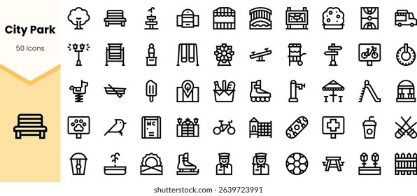 A collection of line art icons depicting various elements found in a city park, including benches, bicycles, flowers, and recreational activities.