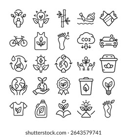 A collection of line art icons depicting various aspects of sustainability, eco-friendliness, and environmentally conscious practices, presented in a clean, organized grid.