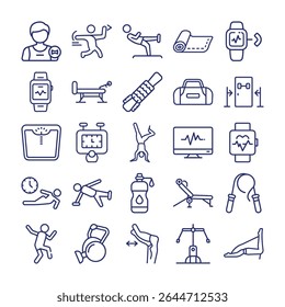 A collection of line art icons depicting various fitness and exercise related subjects.