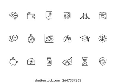 Collection of line art icons depicting various concepts including brain wallet book calendar hourglass