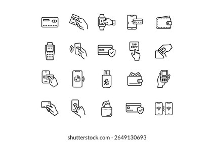 Uma coleção de ícones de arte em linha que retratam vários métodos de pagamento sem dinheiro, incluindo cartões de crédito, smartphones, smartwatches e termos de pagamento sem contato...