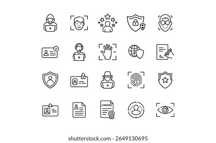 A collection of line art icons depicting various aspects of security, identity, and authentication. The icons include facial recognition, fingerprints, shiel...