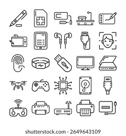 A collection of line art icons depicting various electronic devices, gadgets, and technological concepts in a clean, minimalist style.