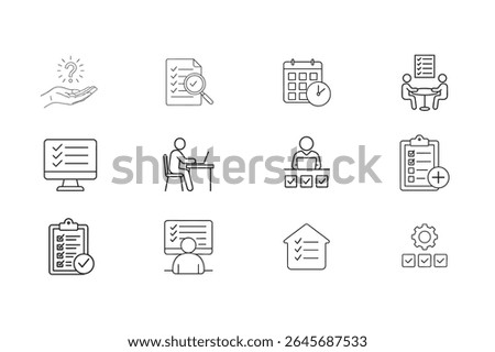 A collection of line art icons depicting business tasks, planning, problem-solving, and productivity, rendered in a clean, minimalist style on a white background.