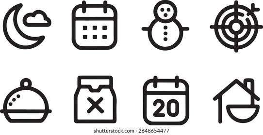 Coleção de ícones de arte de linha com noite, calendário, boneco de neve, alvo, comida, caixa, data e símbolos de casa