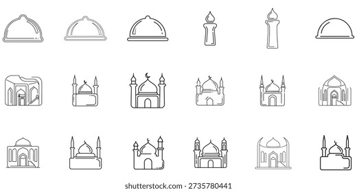 A collection of line art icons featuring Islamic architectural elements and religious symbols, including mosques, domes, and candles.