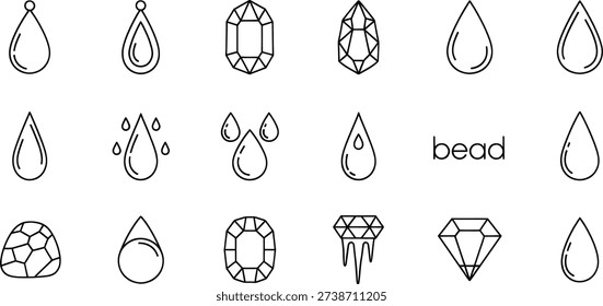 A collection of line art icons featuring various teardrop shapes, faceted gemstones, and water droplets, with some designs suggesting jewelry elements like earrings or pendants, all rendered in a clean, minimalist style.