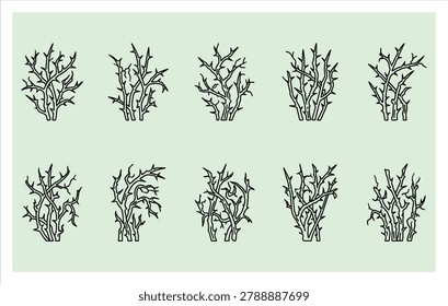 Collection of line art icons featuring sharp thorns and briars for edgy fashion tattoo design and nature protection branding illustration.