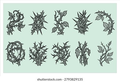 Collection of line art icons featuring sharp thorns and briars for edgy fashion tattoo design and nature protection branding illustration.