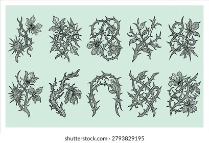 Collection of line art icons featuring sharp briars and barbed vines for edgy fashion tattoo design and nature protection branding illustration.