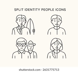 A collection of line art icons illustrating split identities, depicting diverse individuals with contrasting characteristics on each side.