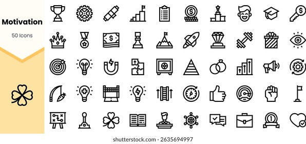 A collection of line art icons illustrating themes of motivation, success, and achievement, featuring trophies, light bulbs, and awards, in a minimalistic design.