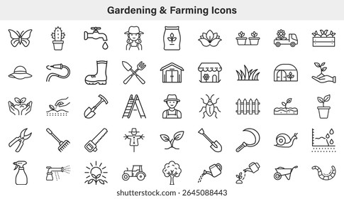 Collection of line art icons illustrating gardening and farming. Includes tools, plants, insects, and farmers. Perfect for illustrating a rural or agricultural theme.