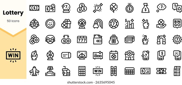 A collection of line art icons related to lotteries, showcasing games, symbols of luck, and winning elements in a minimalist style.