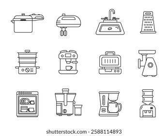 A collection of line art icons representing various kitchen appliances, including a coffee maker, toaster, juicer, and dishwasher in a minimal style