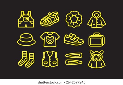 Coleção de ícones de arte de linha representando roupas infantis e acessórios como macacão, sapatos, meias, t-shirt e acessórios de cabelo. Ideal para web ou impressão.