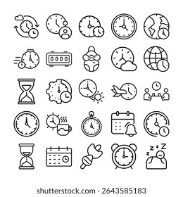 A collection of line art icons representing various time related concepts, including clocks, calendars, hourglasses, and activities related to time.