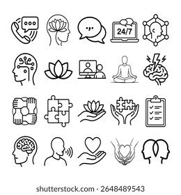 A collection of line art icons representing mental health, therapy, and well-being. Includes symbols for communication, mindfulness, support, and brain health.