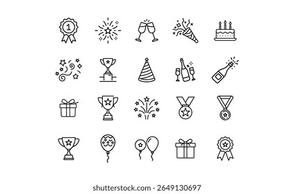 Coleção de ícones de arte representando celebrações, conquistas e ocasiões festivas.