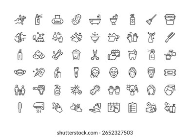 A collection of line art icons representing hygiene, cleaning, and personal care practices.