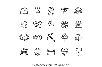 A collection of line art icons representing Labor Day. Includes tools, construction symbols, and worker-related imagery. Features hard hats, tools, and gears.