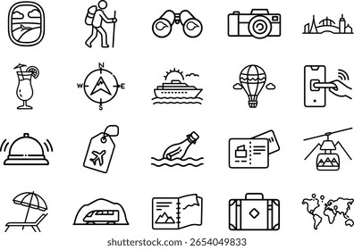 Uma coleção de ícones de arte de linha representando vários aspectos de viagem e férias, incluindo transporte, acomodação, atividades e itens essenciais de viagem. Perfeito para uso em viagens relacionadas