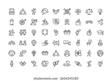 Collection of line art icons representing youth, education, and community engagement.