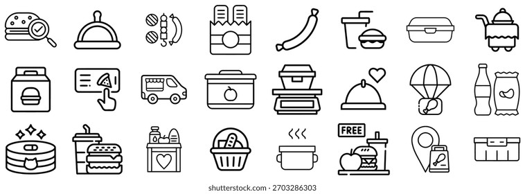 Una colección de iconos de arte de línea que representan varios servicios de comida y restaurante, incluyendo la entrega, pedidos y opciones de comida.