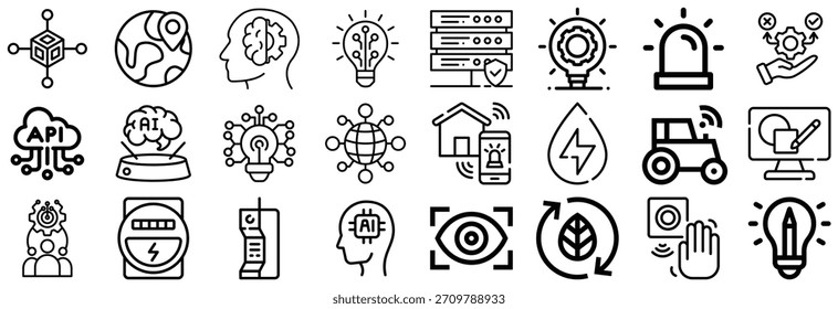 A collection of line art icons representing various technology and innovation concepts, including AI, IoT, cloud services, and digital solutions.