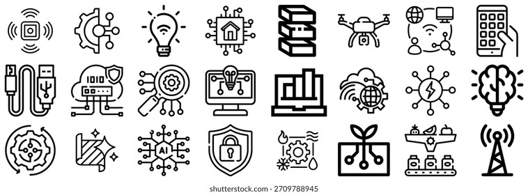 Uma coleção de ícones de arte em linha que representam vários aspectos da tecnologia moderna, incluindo IA, IoT, computação em nuvem, drones e segurança de dados.
